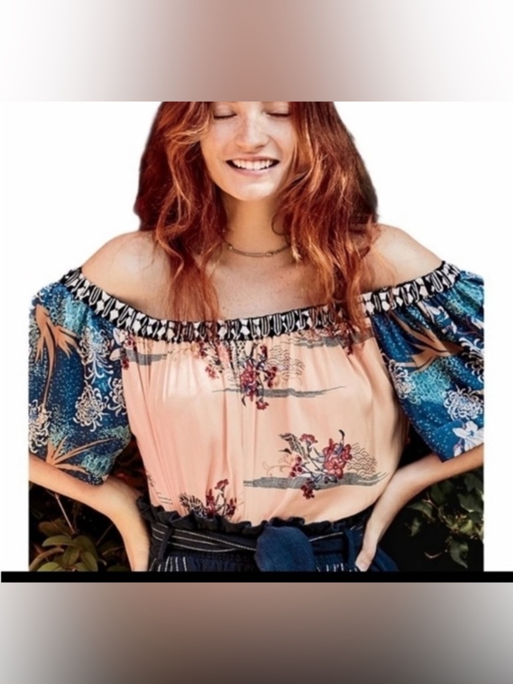 Free People Peach and Blue Off-the-Shoulder Floral Blouse